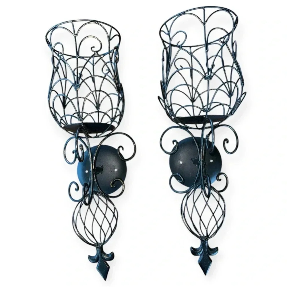 2 Wrought Iron Gothic Wall Pillar Candle Holders Indoor / Outdoor Black 19" Long